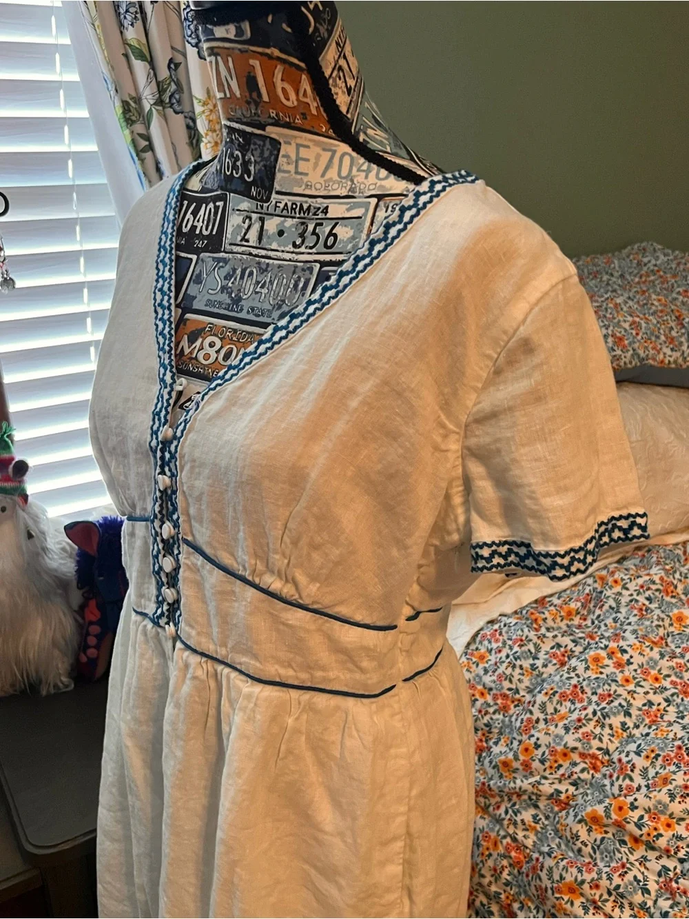 J. Crew White Linen Midi Dress with Blue Embroidered Trim